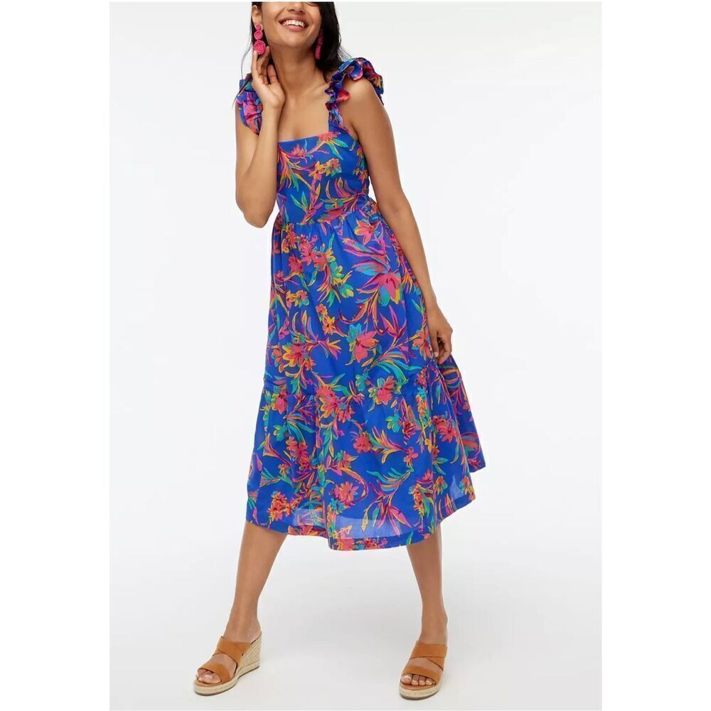 NWT JCrew Floral Tropical Square Neck Midi Dress Blue Size 8 - Picture 2 of 16